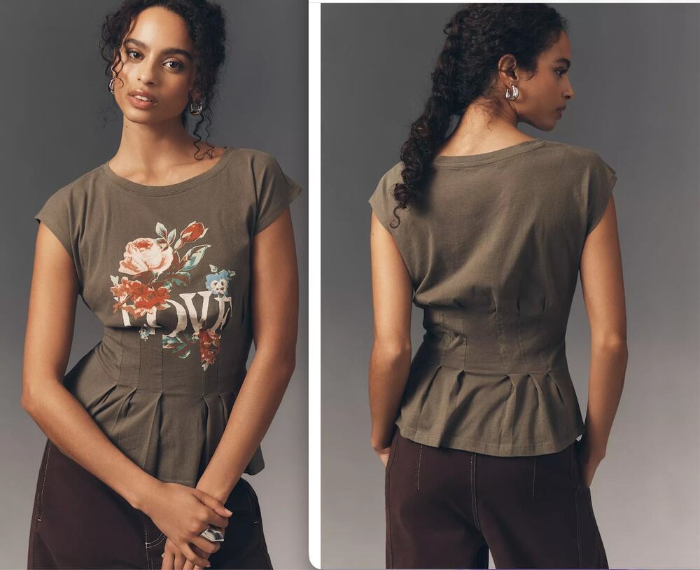 By Anthropologie Love Graphic Darted Peplum T-Shirt Green Women's XL